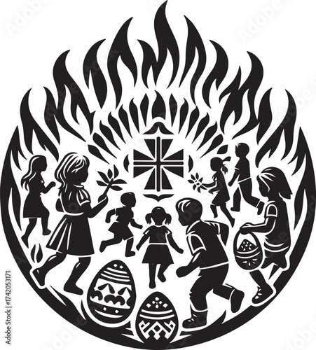Illustration depicting children celebrating Easter, surrounded by flames and Easter eggs symbols