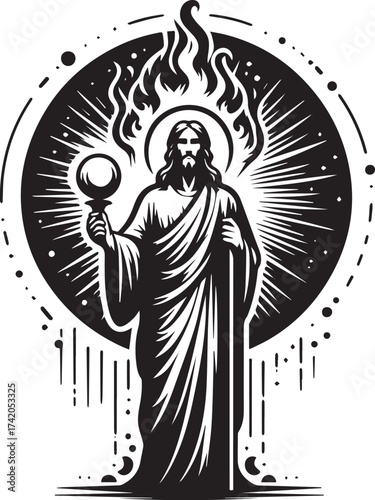 Illustration of Jesus Christ with halo holding a scepter against a radiant background design