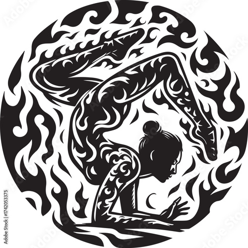 Artistic illustration of a woman in a yoga scorpion pose within a decorative circular frame