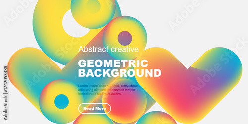 Bright fluid shapes overlap. Vivid colors blend, creating dynamic geometric background. Text promotes further exploration.