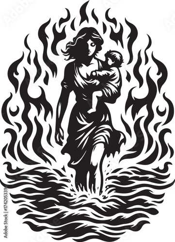 A Symbolic Illustration of Motherhood and Protection Amidst Flames and Water Elements