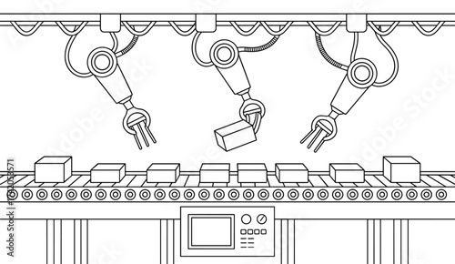 Robotic assembly line, industrial automation, conveyor belt system, robotic arms with grippers, factory technology, packaging process, control panel, 
