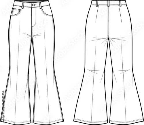 Flared pants flat sketch, fashion CAD technical drawing, vector apparel template with waistband, button closure, front pockets, darts, creases illustration
