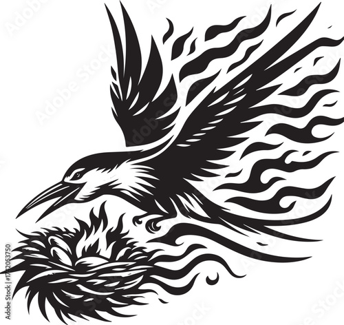 Dramatic Black and White Illustration of a Bird Emerging from Flames and a Nest