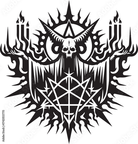 Intricate Black and White Occult Symbol Featuring a Skull, Candles, and Geometric Shapes