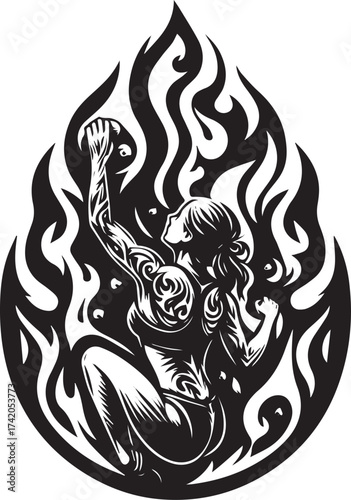 Intense Artwork of a Woman Embracing Fire Flames, Black and White Illustration