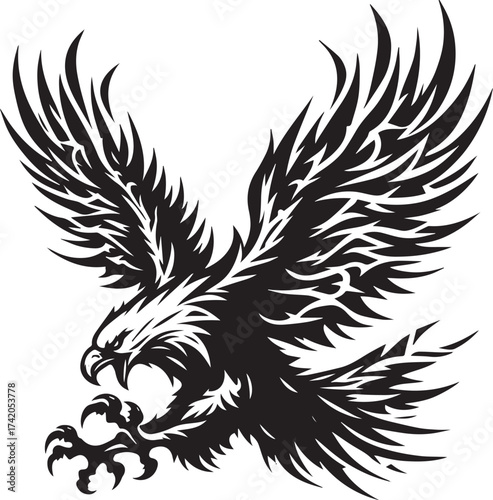 Black and White Vector Illustration of an Eagle in Flight Ready to Strike with Sharp Talons
