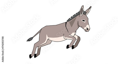 Animated donkey character leaping playfully in minimalist style against a stark white background, offering whimsical charm and endearing simplicity