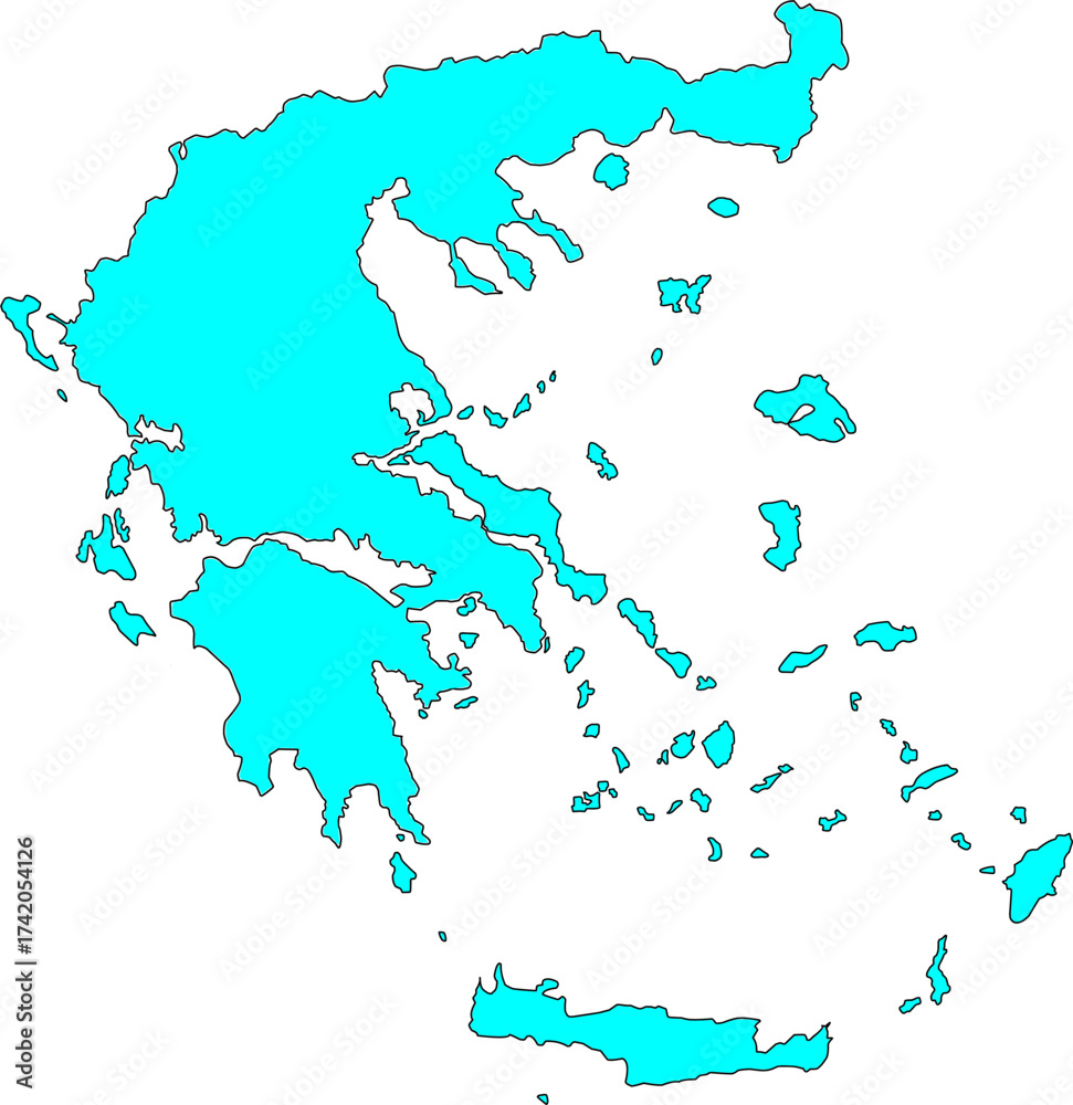 Obraz premium Detailed turquoise vector silhouette map of the Hellenic Republic (Greece), capturing the hue of the Aegean Sea, with no internal borders.