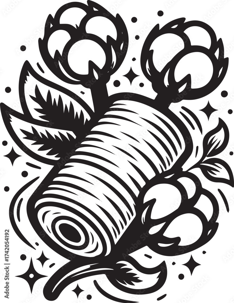 Fototapeta premium Black and white cotton plant illustration depicting textiles, nature, and agricultural themes