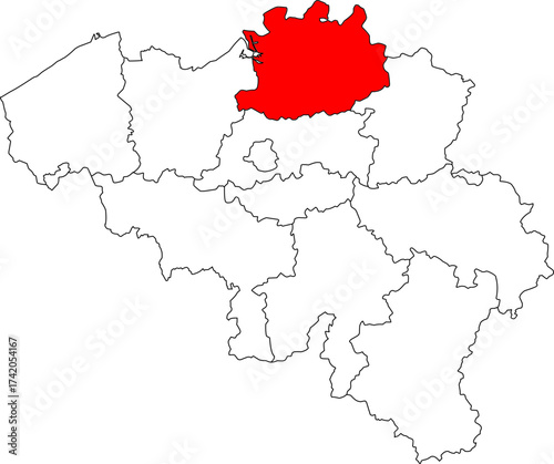 Detailed vector map of Belgium highlighting Antwerp Province, the most populous region containing the nation's major port and diamond center.

