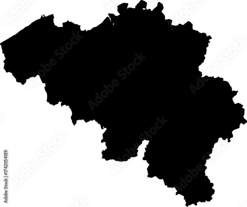 Detailed black vector silhouette map of the Kingdom of Belgium, providing a solid fill without internal divisions for design and data visualization.

