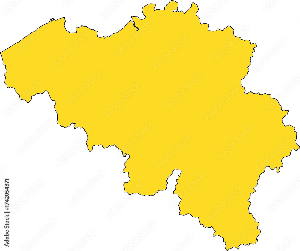 Obraz premium Detailed yellow vector silhouette map of the Kingdom of Belgium, providing a solid fill without internal divisions for design and data visualization.
