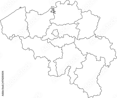 Highly precise detailed vector outline map of the Kingdom of Belgium, showing the national border and all 10 Provincial administrative divisions and their borders.

