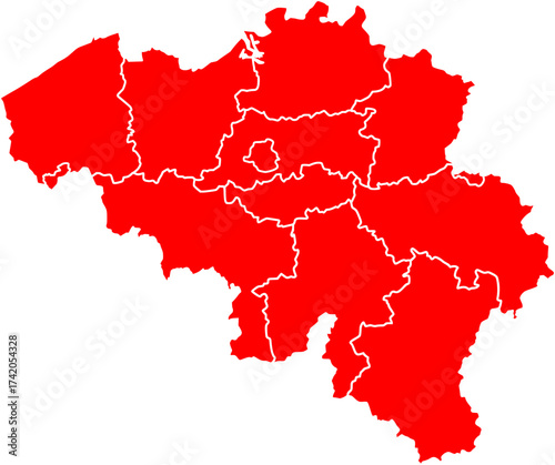 Detailed red vector map of the Kingdom of Belgium, featuring all 10 Provincial administrative divisions with their internal borders.

