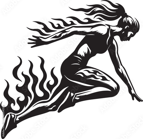 Dynamic Silhouette of a Fiery Woman in Motion, Symbolizing Power and Energy Flow