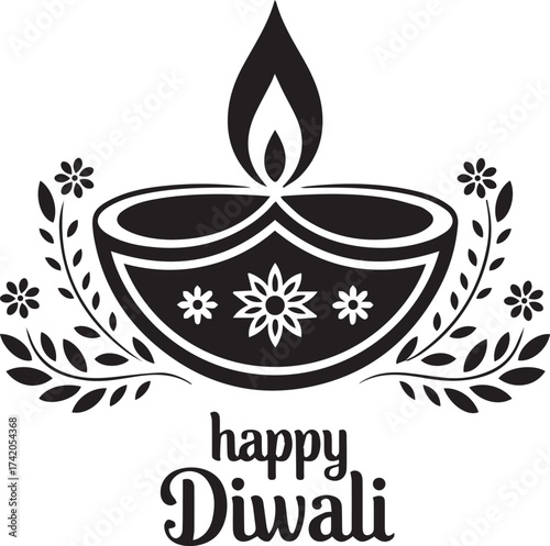 Traditional diwali diya with floral embellishments and happy diwali greeting