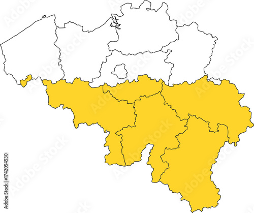 Detailed vector map of Belgium highlighting Walloon Region (Wallonia), the French-speaking southern territory known for its historical industry and the Ardennes forest.

