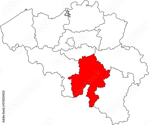 Detailed vector map of Belgium highlighting Namur Province, the administrative capital of Wallonia, known for its Meuse River valley and the Ardennes.

