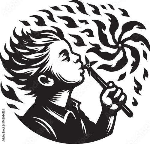 A whimsical illustration of a child blowing a pinwheel with a stylized fire effect