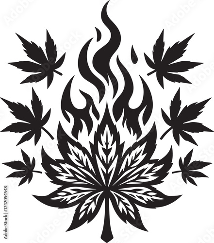 Black and white illustration of cannabis leaves and flames symbolizing burning marijuana
