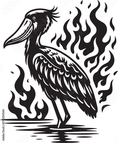 Intriguing black and white illustration of a Shoebill Stork bird engulfed in flames and water
