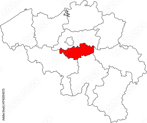 Detailed vector map of Belgium highlighting Walloon Brabant, the affluent central province known for its universities and the historical Battle of Waterloo site.

