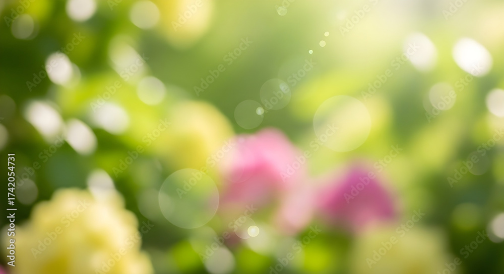 Obraz premium Soft focus garden scene with pink and yellow blossoms