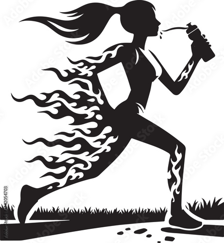 Silhouette of a runner with fire effect, drinking water, depicting speed and endurance