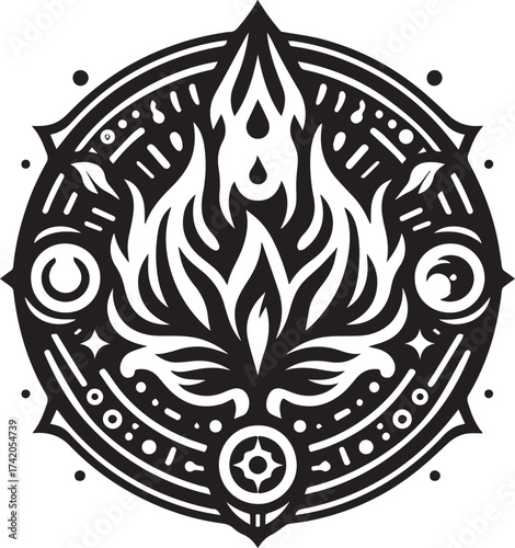 Intricate Black and White Circular Design Featuring Flames and Ornamental Geometric Elements