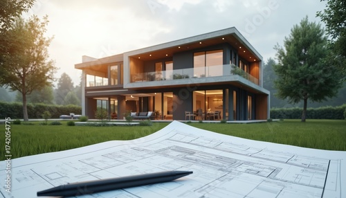 Architectural blueprint lies on grass before modern house construction. Plans overlap on table with pen. Empty luxury home design, exterior view.