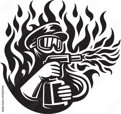 Illustration of a person with a flamethrower surrounded by flames, black and white artwork