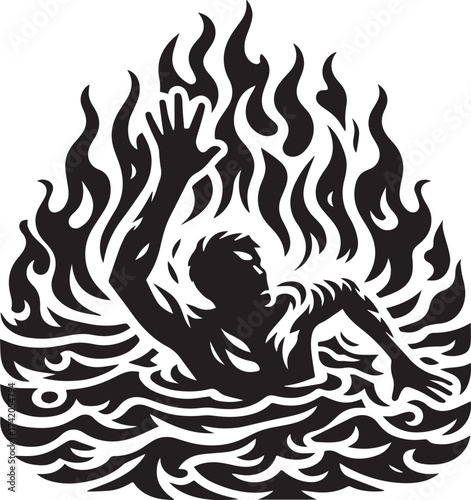 A Dramatic Silhouette of a Person Engulfed in Flames and Water, Facing Peril