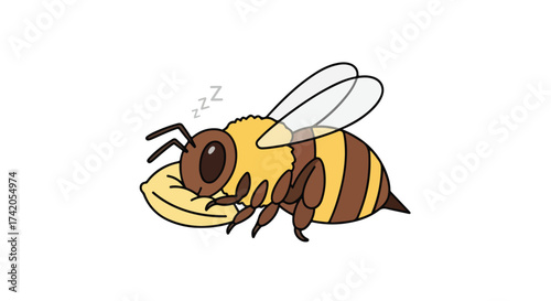 Cartoon bee peacefully resting on a soft yellow pillow with delightful zzz's floating above its head, symbolizing a restful moment with isolated