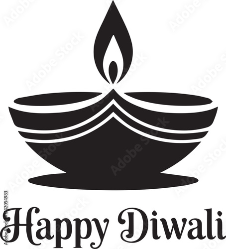 Simple black silhouette of a diya lamp with happy diwali text