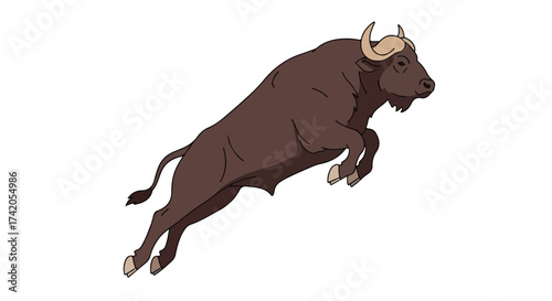 Dynamic depiction of a powerful brown bull, captured mid-leap, showcasing strength and agility against a clean white backdrop