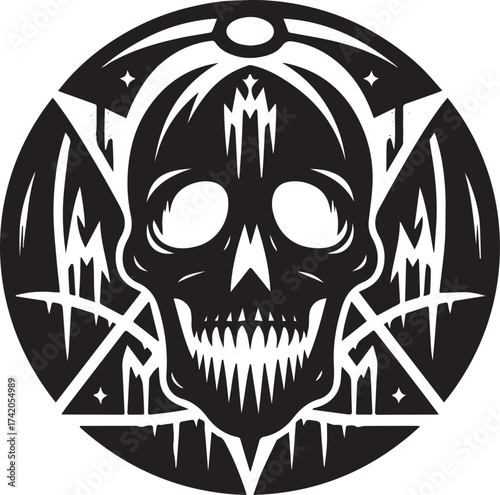 Intricate Black and White Skull Design in a Circular Frame with Geometric Elements