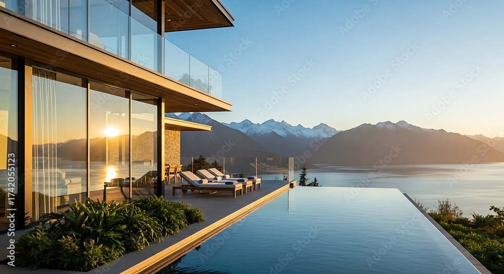 Fototapeta premium Luxury home and infinity pool nestled against stunning mountain vista