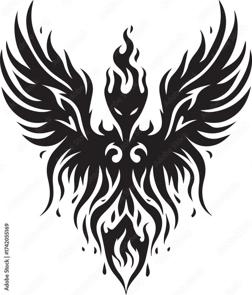 Obraz premium Intricate Black and White Phoenix Bird Design with Flames and Abstract Wings