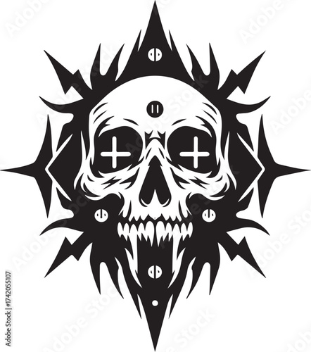 Intricate Black and White Skull Design with Spikes and Crosses, a Gothic Art Piece