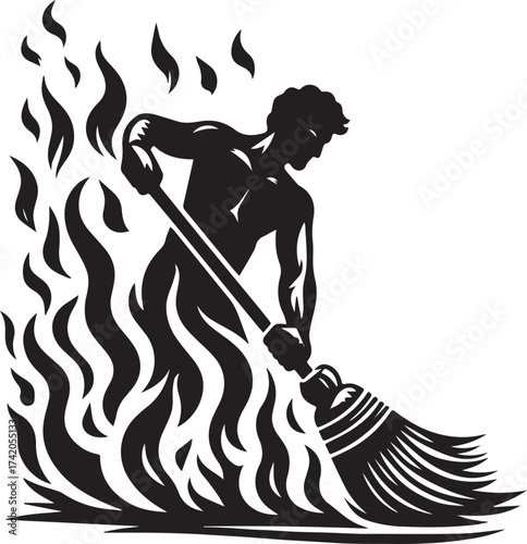 Artistic Silhouette Depicting a Person Sweeping Surrounded by Flames in a Symbolic Representation