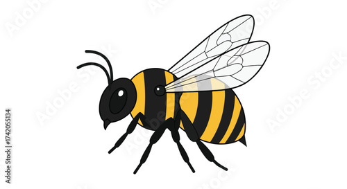 Cartoon depiction of a solitary bee, highlighting its vibrant yellow and black stripes, antennae and translucent wings against white canvas