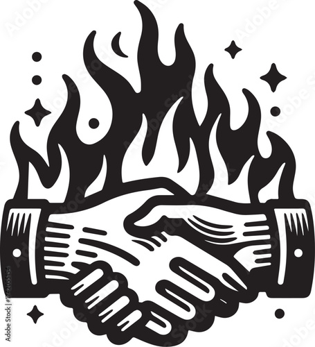 Creative illustration of a fiery handshake symbolizing agreement, power, and collaboration
