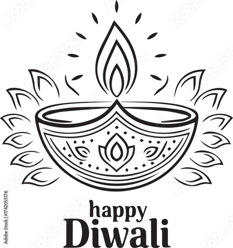 Traditional indian diya lamp with lotus petals and happy diwali greeting