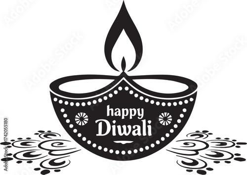 A black and white illustration of an ornate diya lamp, symbolizing Diwali, with intricate patterns and a festive greeting.