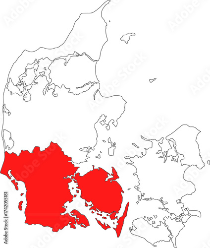 Detailed vector map of Denmark highlighting Southern Denmark (Syddanmark), the region encompassing Funen Island and Southern Jutland, bordering Germany.

