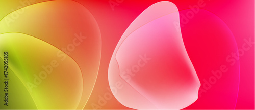 Abstract colorful shapes blend, creating vibrant gradients. Soft curves dominate composition, evoking fluid motion, warmth.