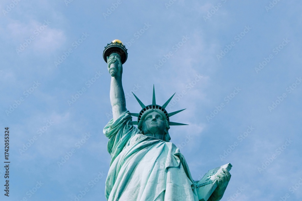 Fototapeta premium statue of liberty new york city, view looking up at the brown and torch
