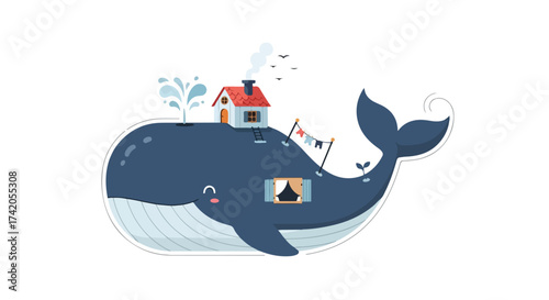 Whimsical marine illustration featuring a happy whale with a cozy house on its back, evoking a sense of tranquility and wonder suitable for