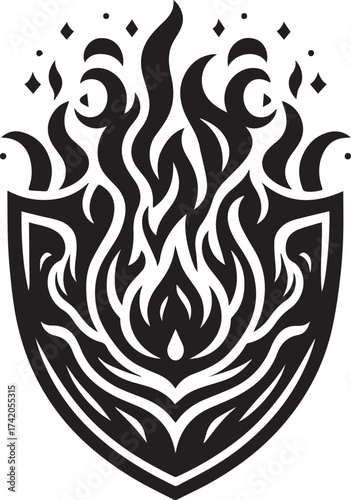Abstract black and white illustration of a shield with flames and decorative elements